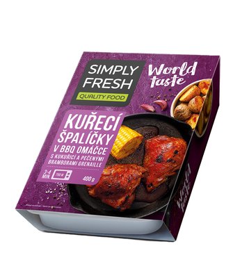 Obrázek Simply Fresh Kuřecí špalíčky v BBQ omáčce s kukuřicí a pečenými bramborami grenaille 400g
