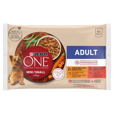 Obrázek PURINA ONE MINI/SMALL <10 kg Adult s Kuřetem a Hovězím ve šťávě 4 x 85g