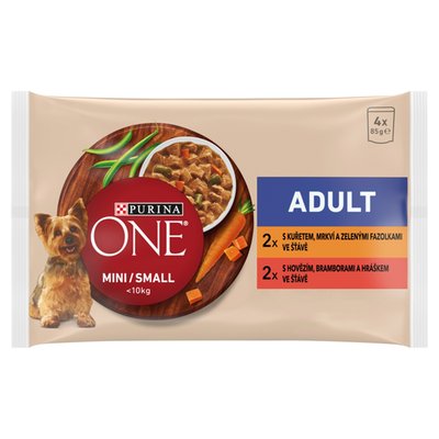 Obrázek PURINA ONE MINI Dog Adult Kuře a Hovězí ve šťávě 4 x 85g