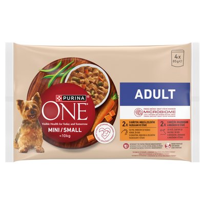 Obrázek Purina ONE Mini Dog Adult kapsičky pro psy kuře, hovězí ve šťávě 4 x 85g
