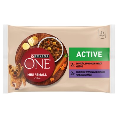 Obrázek PURINA ONE MINI Dog Active Hovězí a Kachna ve šťávě 4 x 85g