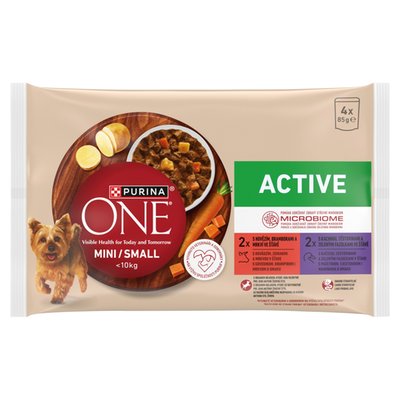 Obrázek Purina ONE Mini Dog Active kapsičky pro psy hovězí, kachna ve šťávě 4 x 85g