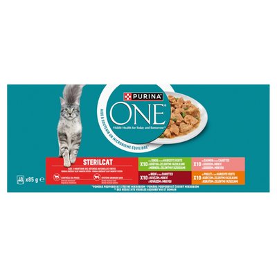 Obrázek Purina ONE Sterilised kapsičky pro kočky hovězí, kuře, losos, krůta ve šťávě 40 x 85g