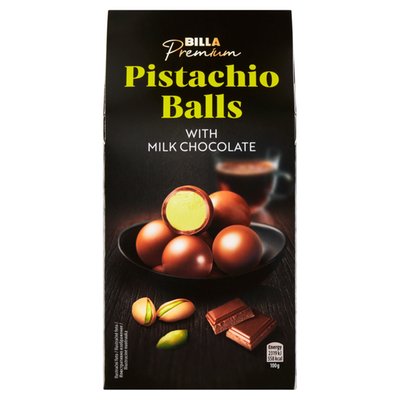 Obrázek BILLA Premium Bonbony z mléčné čokolády plněné bílou čokoládou a mandlovo-pistáciovou náplní 140g