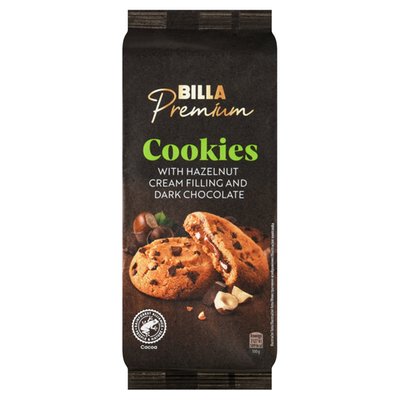 Obrázek BILLA Premium Sušenky s kousky hořké čokolády a lískooříškovou náplní 200g