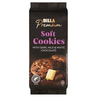 Obrázek BILLA Premium Měkké sušenky s hořkou čokoládou, mléčnou čokoládou a bílou čokoládou 210g