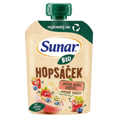 Obrázek Sunar BIO ovocná kapsička Hopsáček jahoda, banán, borůvka a ovesné vločky 100g
