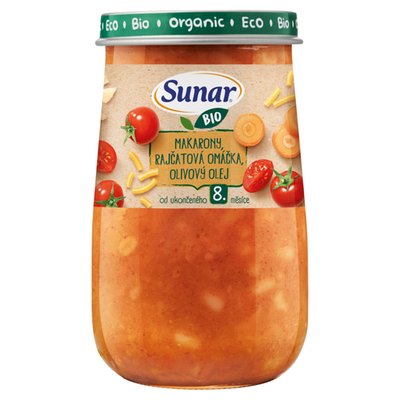 Obrázek Sunar BIO příkrm 8m+ Makaróny, rajčatová omáčka, olivový olej 190g