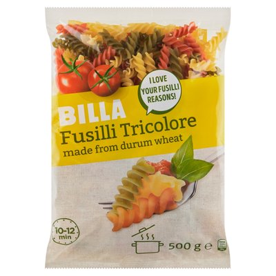 Obrázek BILLA Fusilli Tricolore těstoviny semolinové sušené se špenátovým a rajčatovým práškem 500g