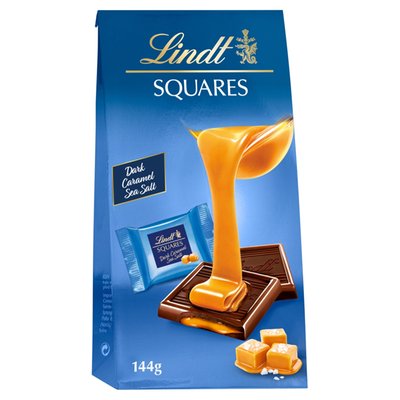 Obrázek Lindt Squares hořká čokoláda s karamelovou náplní a mořskou jedlou solí 9 ks 144g