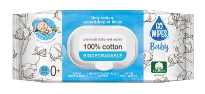 Obrázek GoWipes dětské vlhčené ubrousky 100% přírodní bavlna, (50ks)