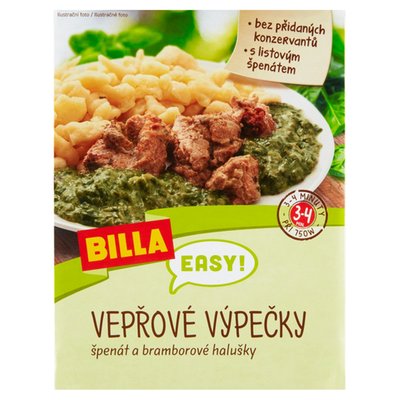 Obrázek ŠETŘÍME JÍDLEM: BILLA EASY Vepřové výpečky, špenát a bramborové halušky 450g