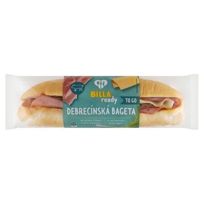 Obrázek BILLA Ready Debrecínská bageta se sýrem eidam a jarní cibulkou s rajčatovým dresingem 210g