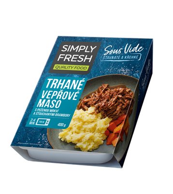 Obrázek ŠETŘÍME JÍDLEM: Trhané vepřové maso s pečenou mrkví a šťouchanými brambory 400g