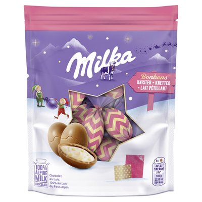 Obrázek Milka Knister bonbony, mléčná čokoláda s mléčným krémem a práskacími bonbonky 86g