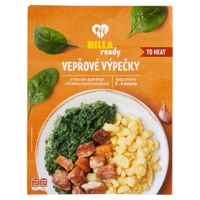 Obrázek ŠETŘÍME JÍDLEM: BILLA Ready Vepřové výpečky s listovým špenátem a bramborovými haluškami 450g