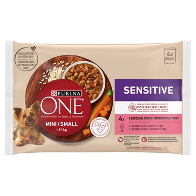 Obrázek ŠETŘÍME JÍDLEM: PURINA ONE MINI/SMALL <10 kg Sensitive s Lososem ve šťávě 4 x 85g