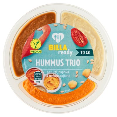 Obrázek BILLA Ready Hummus trio natural, paprika & sušená rajčata 3 x 70g (210g)