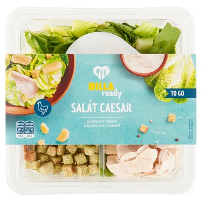 Obrázek ŠETŘÍME JÍDLEM: BILLA Ready Salát Caesar s kuřecím masem a sýrem Gran Castelli 210g