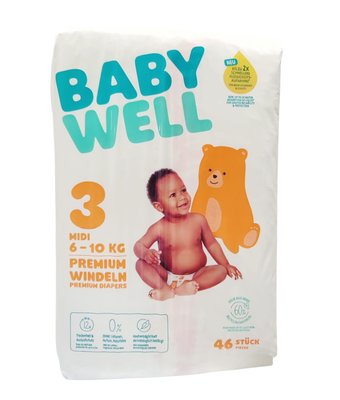 Obrázek Babywell Dětské plenkové kalhotky Midi 3, 6-10 kg, 46 kusů