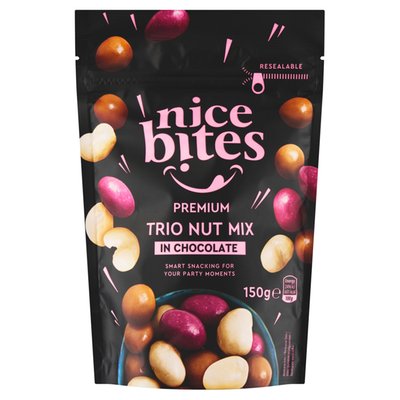 Obrázek ŠETŘÍME JÍDLEM: Nice Bites Směs pražených jader skořápkových plodů ve třech druzích čokolád 150g