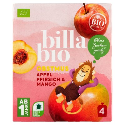 Obrázek ŠETŘÍME JÍDLEM: BILLA BIO Ovocné pyré jablko, broskev, mango 4 x 90g (360g)