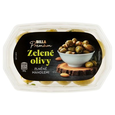 Obrázek ŠETŘÍME JÍDLEM: BILLA Premium Zelené olivy plněné mandlemi 150g