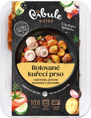 Obrázek ŠETŘÍME JÍDLEM: Cibule Bistro Rolované kuřecí prso s bylinkami s caponatou a s pečenými bramborami grenaille 350g