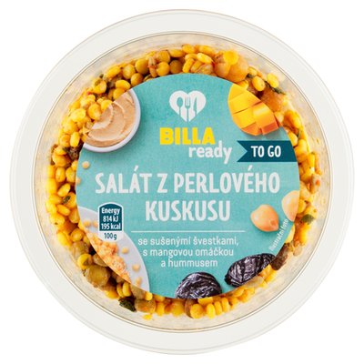 Obrázek ŠETŘÍME JÍDLEM: BILLA Ready Salát z perlového kuskusu se sušenými švestkami, s mangovou omáčkou a hummusem 180g