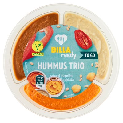 Obrázek ŠETŘÍME JÍDLEM: BILLA Ready Hummus trio natural, paprika & sušená rajčata 3 x 70g (210g)