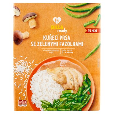 Obrázek ŠETŘÍME JÍDLEM: BILLA Ready Kuřecí prsa se zelenými fazolkami v houbové omáčce s rýží 370g