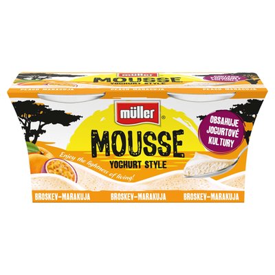 Obrázek ŠETŘÍME JÍDLEM:  Müller Mousse Mléčný kysaný výrobek s broskvovo-marakujovou složkou 2 x 95g (190g)