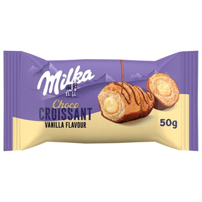 Obrázek Milka Choco croissant Vanilla s náplní s vanilkovou přích. zdobené a máčené v mléčné čokoládě 50 g