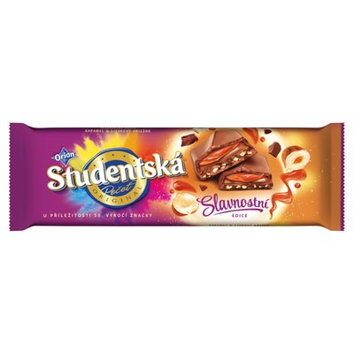 Obrázek ŠETŘÍME JÍDLEM: ORION STUDENTSKÁ PEČEŤ mléčná čokoláda Karamel & Lískový oříšek 235g