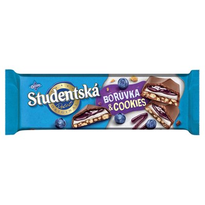 Obrázek ŠETŘÍME JÍDLEM: ORION STUDENTSKÁ PEČEŤ Mléčná čokoláda borůvka & cookies 235g