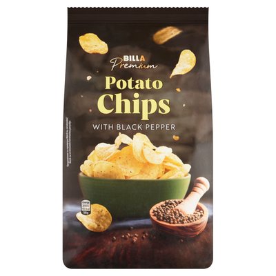 Obrázek ŠETŘÍME JÍDLEM: BILLA Premium Smažené bramborové lupínky s černým pepřem 100g