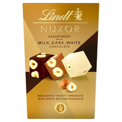 Obrázek Lindt Nuxor Mléčná, hořká a bílá čokoláda s celými a mletými jádry lískových ořechů 150g