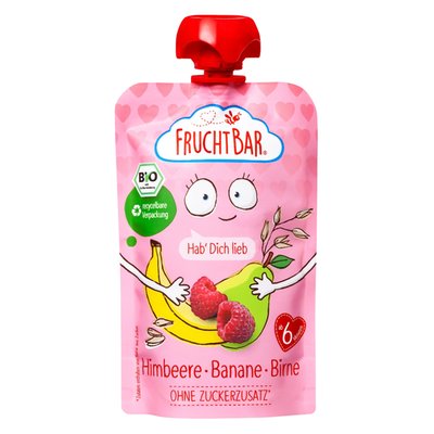 Obrázek FruchtBar Bio ovocná kapsička s banánem, hruškou, malinami a ovsem 100g