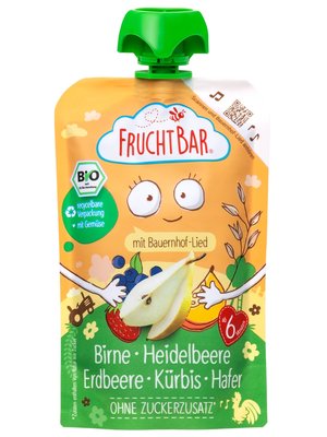 Obrázek FruchtBar BIO Ovocná kapsička s hruškami, borůvkami, jahodami, dýní ovesnými vločkami 100g