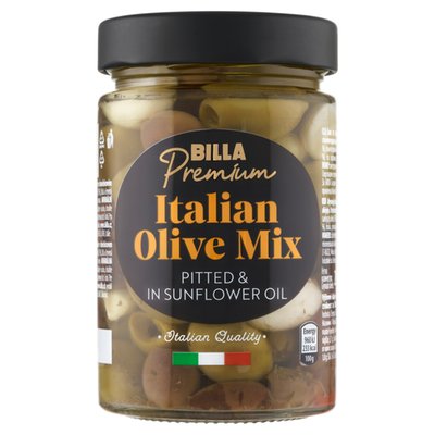 Obrázek BILLA Premium Směs vypeckovaných oliv s paprikou a česnekem ve slunečnicovém oleji 290g