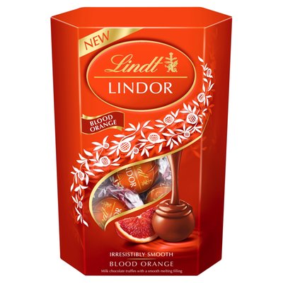 Obrázek Lindt Lindor Mléčná čokoláda s jemnou náplní z červeného pomeranče 200g