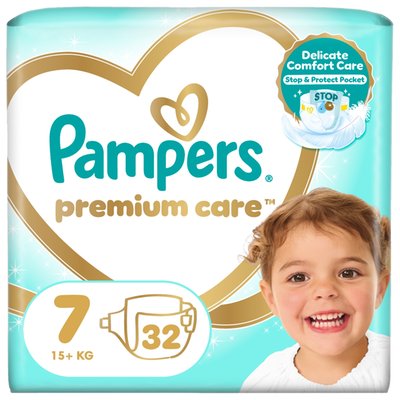 Obrázek Pampers Premium Care Velikost 7, 32 Dětské Plenky, 15kg+
