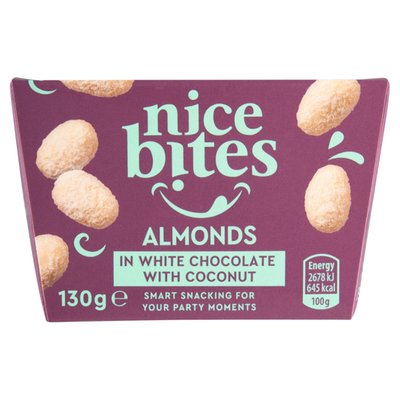 Obrázek ŠETŘÍME JÍDLEM: Nice Bites Pražená jádra mandlí v bílé čokoládě s kokosem 130g