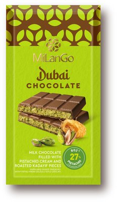 Obrázek ŠETŘÍME JÍDLEM: MiLanGo Dubai mléčná čokoláda plněná pistáciovým krémem s kadayif 122g