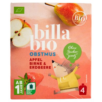 Obrázek ŠETŘÍME JÍDLEM: BILLA BIO Ovocné pyré jablko, hruška, jahoda 4 x 90g (360g)