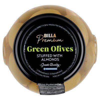 Obrázek BILLA Premium Zelené olivy plněné mandlemi ve slaném nálevu 370g 