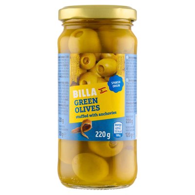 Obrázek BILLA Zelené olivy plněné sardelovou pastou ve slaném nálevu 220g