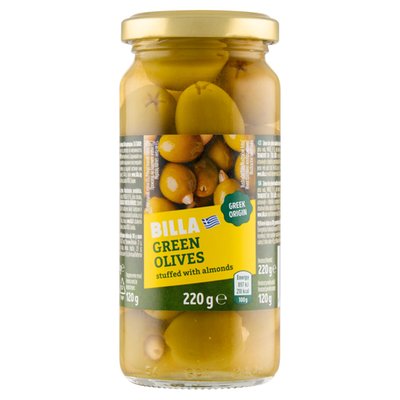 Obrázek BILLA Zelené olivy plněné mandlemi ve slaném nálevu 220g