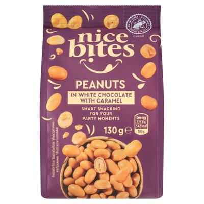 Obrázek Nice Bites Pražené loupané arašídy v bílé čokoládě s karamelem 130g