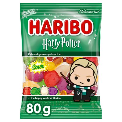 Obrázek Haribo Harry Potter kyselé želé s ovocnými příchutěmi, s pěnovými cukrovinkami a s příchutí coly 80g